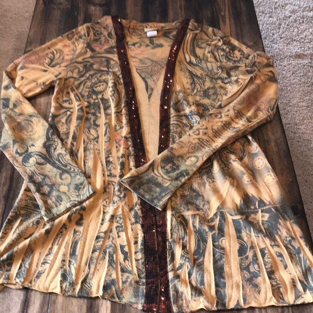 Daytrip Women’s Open Front Cardigan Yellow Orange Gold Sequin Trim Size Large